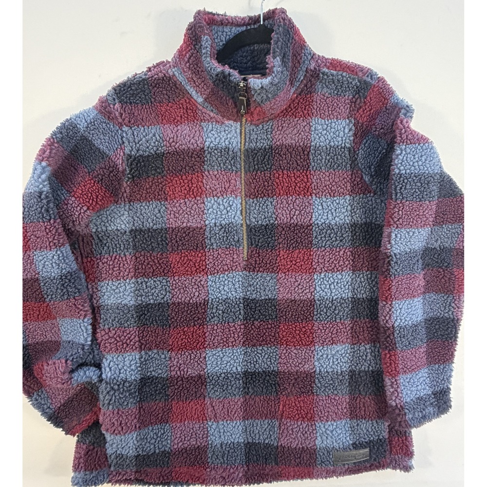 Noble Outfitters Sherpa Fleece Pullover Women L Red Blue Plaid Excellent Zip